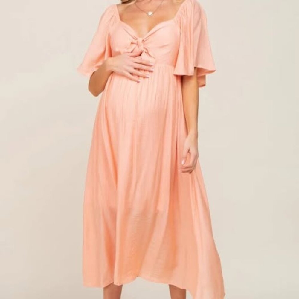 PinkBlush Peach Front Tie Ruffle Sleeve Maternity Midi Dress